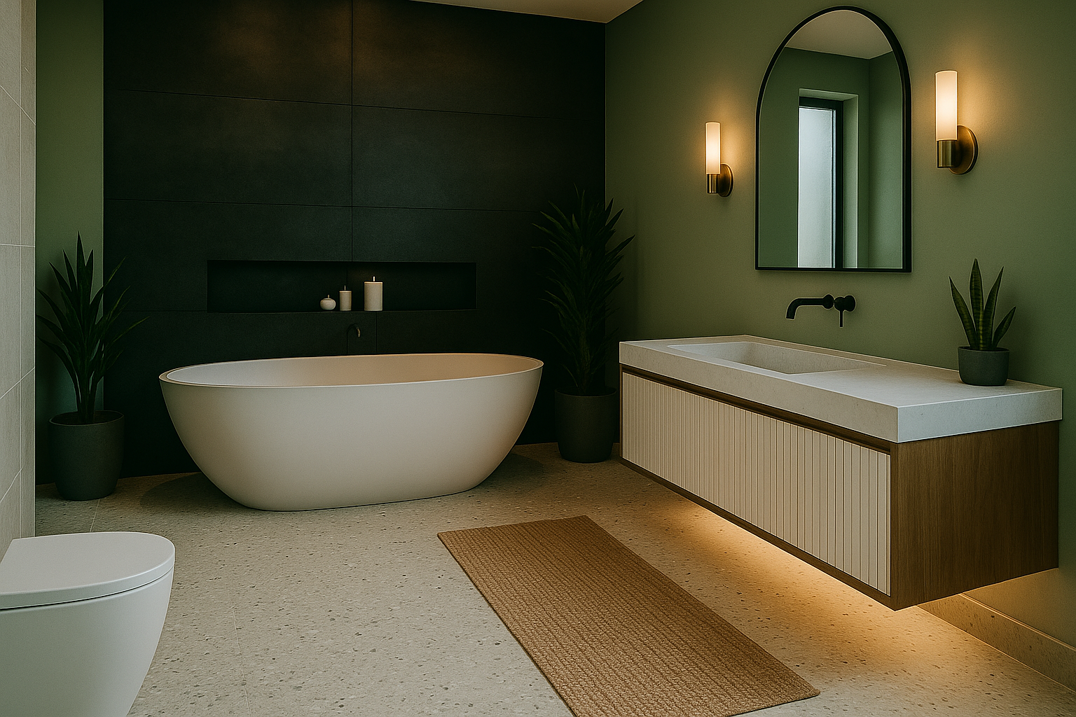 Moderna kopalnica z dvema umivalnikoma in samostoječo kadjo